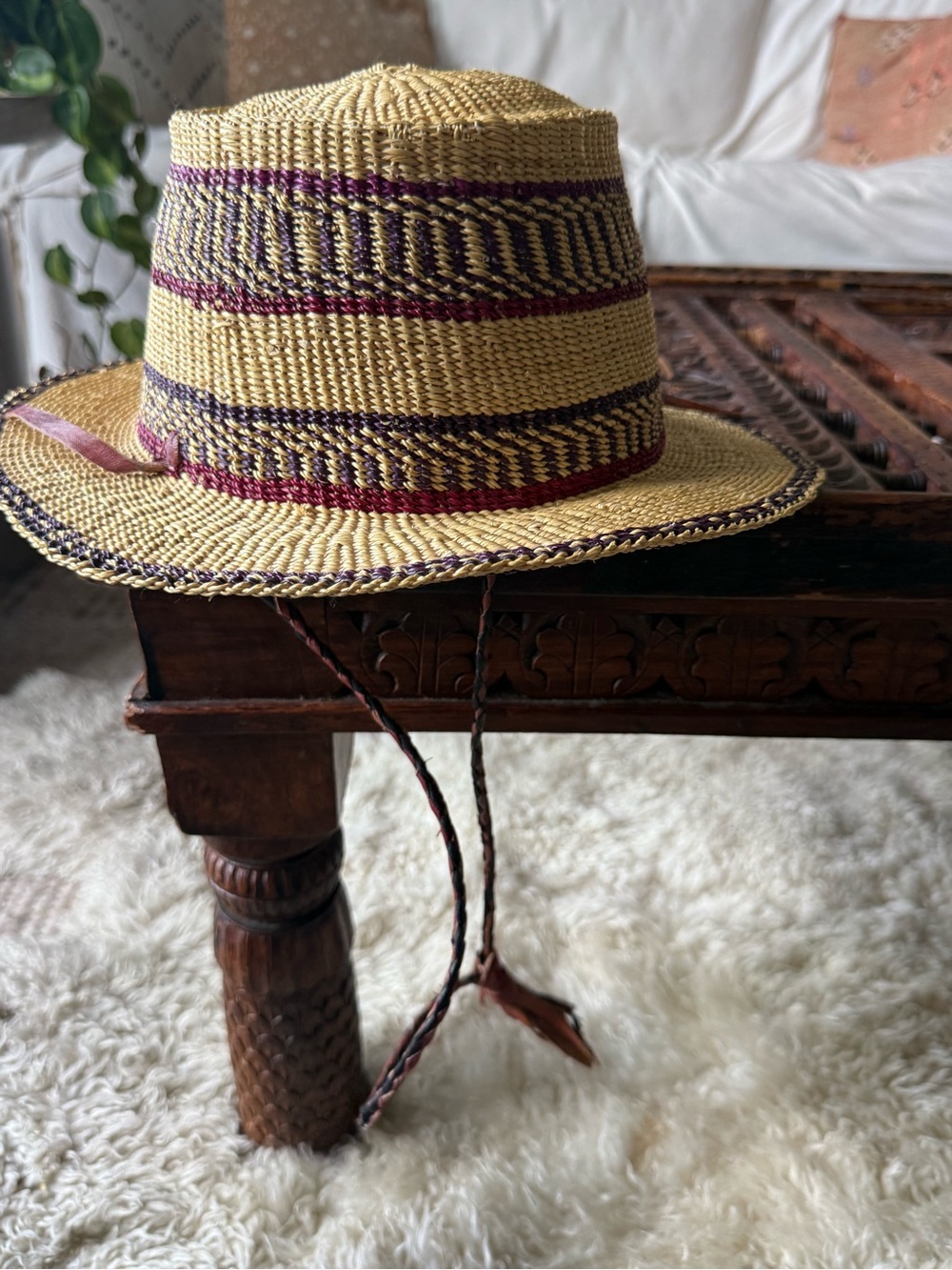 KIDS NWOT handwoven Straw Fedora Hat with Burgundy & Navy Accents